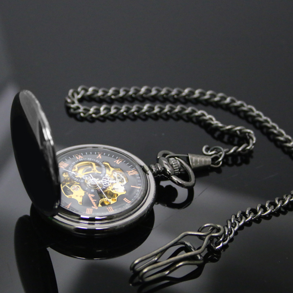 Engraved Smooth Black Skeleton Pocket Watch