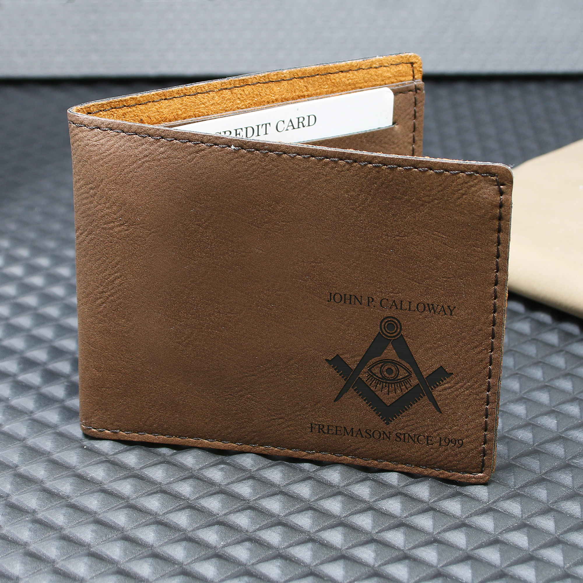Mason Embossed Square and Compasses Masonic Tan Leather Tri-Fold RIFF Wallet 
